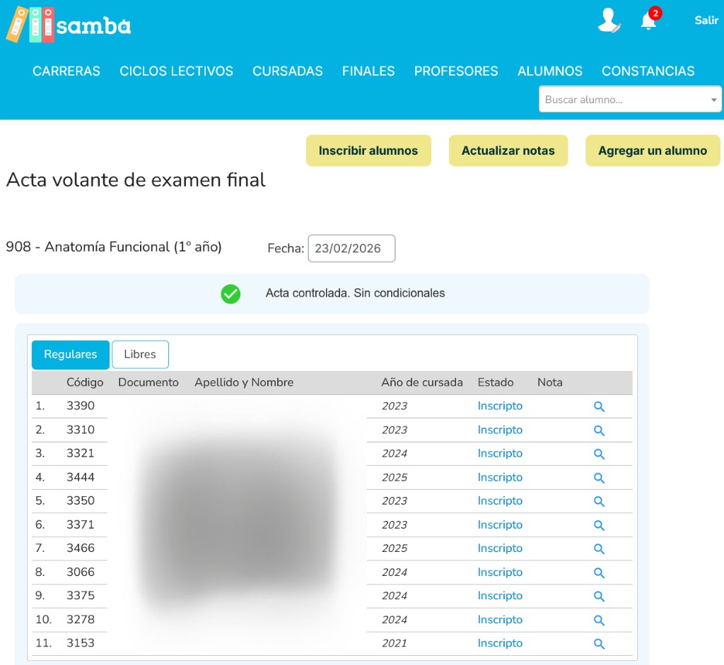 Pantalla de acta volante de examen final en samba