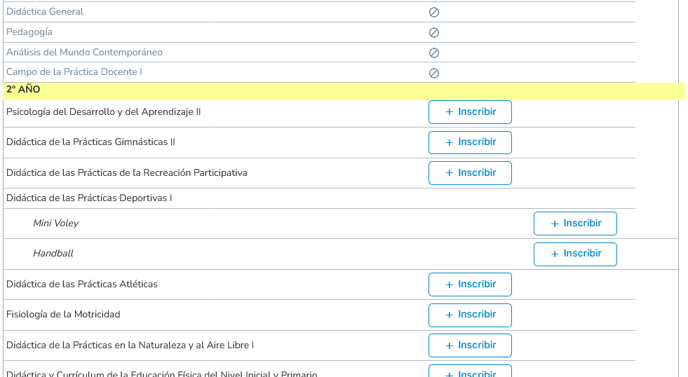 Pantalla de inscripción a cursadas en samba